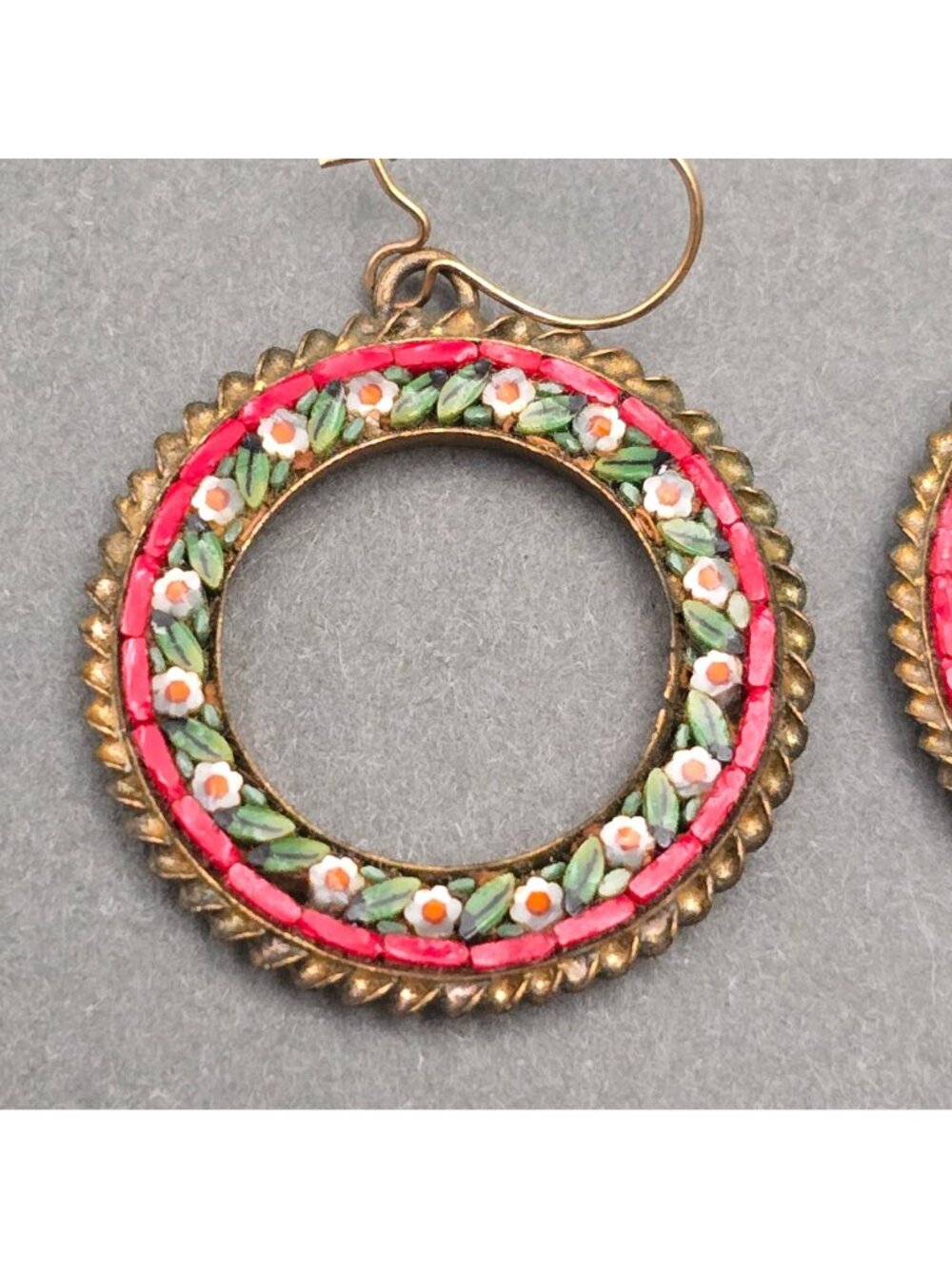 Vintage Micro Mosaic Picture Frame Drop Earrings Italian Floral Brass Setting - Picture 2 of 9